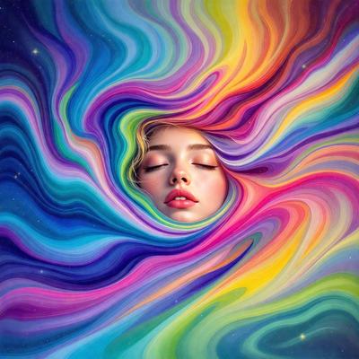 The primary subject of the image is a woman with blonde hair, who is lying down and appears to be sleeping. She is surrounded by a vibrant and colorful background, which includes a mix of blue, pink, yellow, and green hues. The visual style of the image is a combination of digital art and illustration, creating a unique and artistic representation of the woman's resting state. The overall atmosphere of the image is one of tranquility and relaxation, as the woman appears to be at